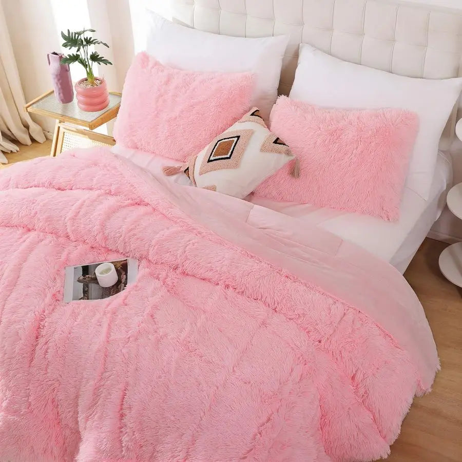 Fluffy Queen Comforter Set, Faux Fur Pink