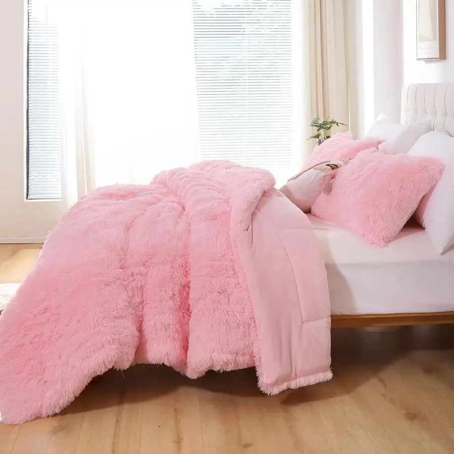 Fluffy Queen Comforter Set, Faux Fur Pink