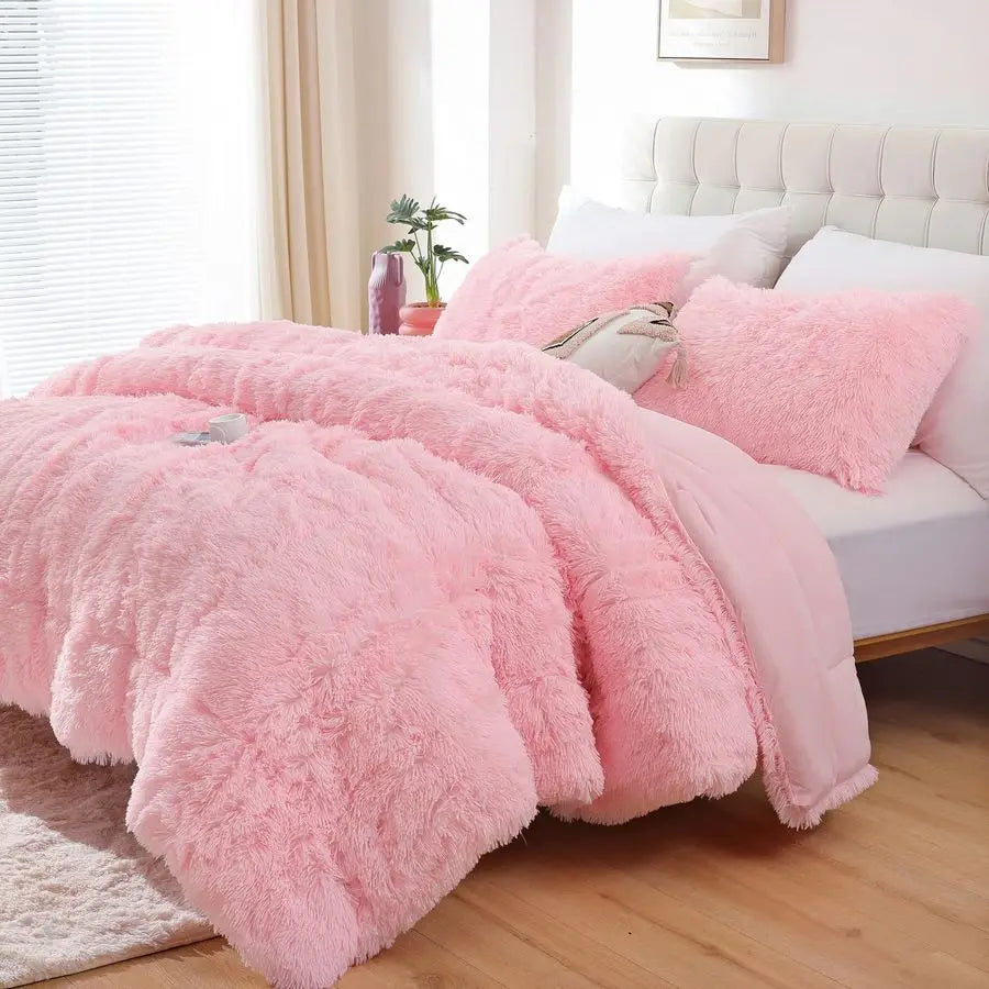 Fluffy Queen Comforter Set, Faux Fur Pink